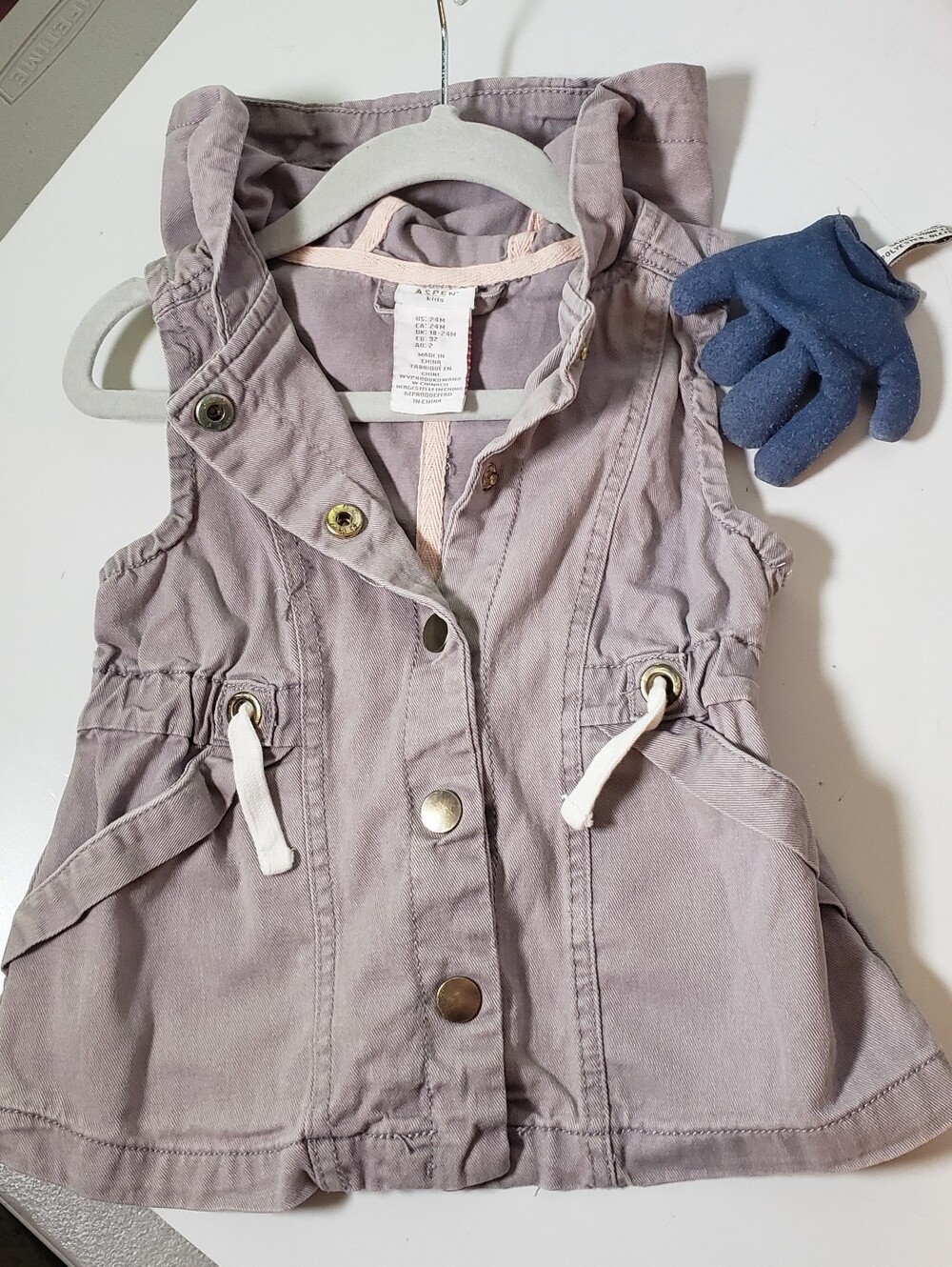 Aspen Kids Hooded Cargo Utility Vest Dove Gray 24m Faux Drawstring Snaps Gorp